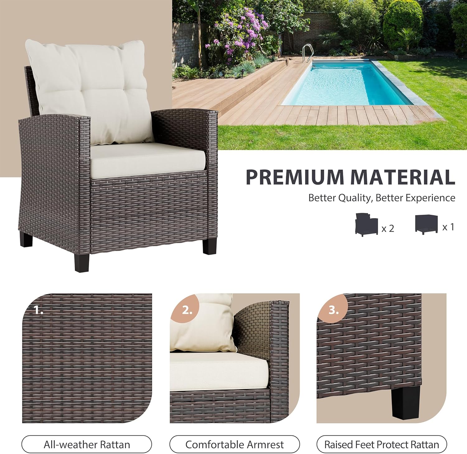 Beige compact 3-piece rattan w – обзор и цена Outdoor Furniture Cushions