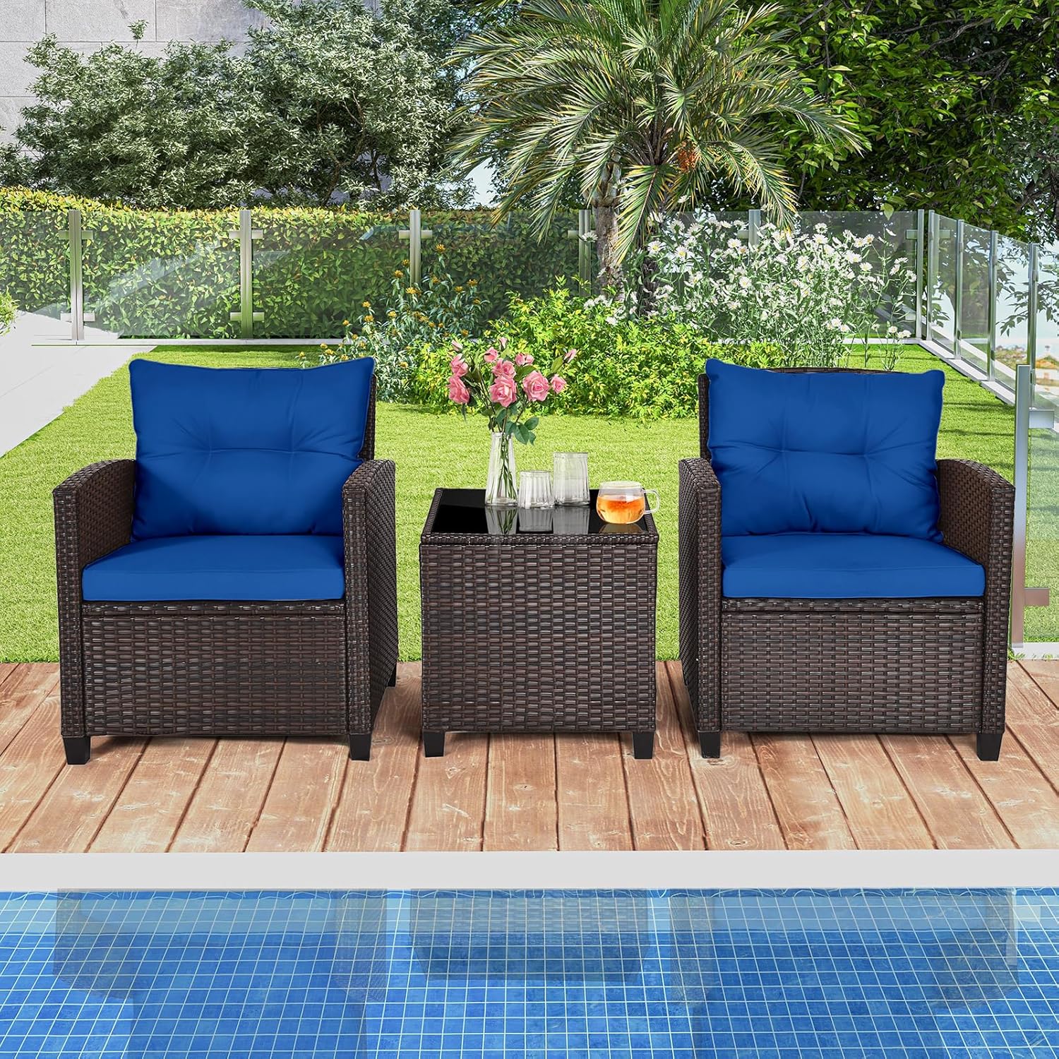 Navy blue rattan wicker 3-piec – обзор и цена Outdoor Furniture Cushions